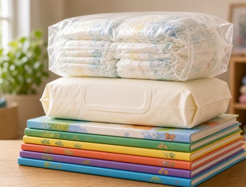diapers and children's books ready for donation
