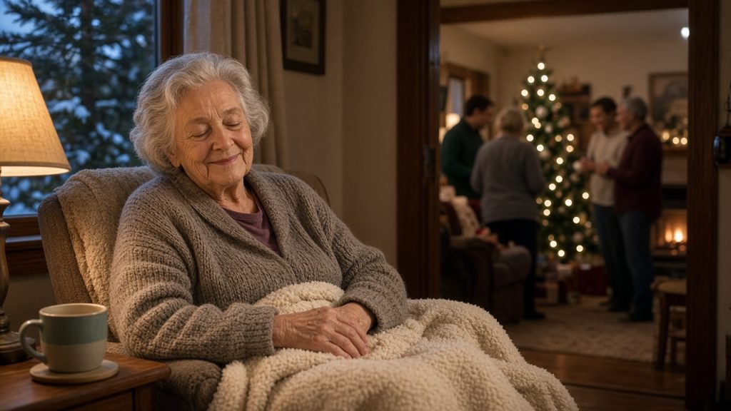 Older woman resting quietly in a chair while a holiday gathering continues in the next room.