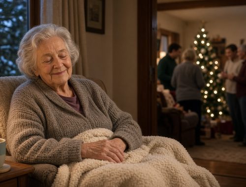 Older woman resting quietly in a chair while a holiday gathering continues in the next room.