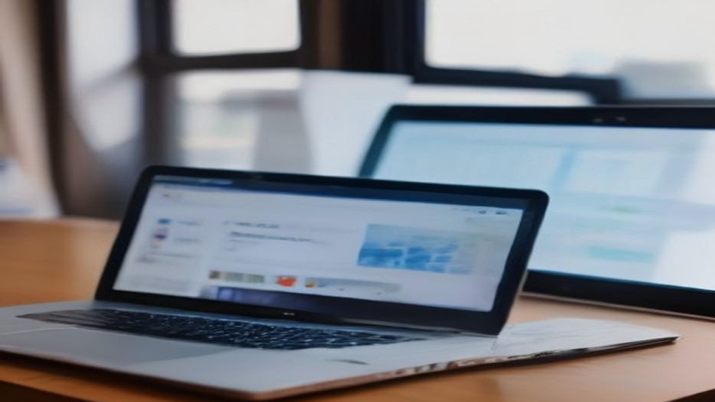 open laptop on a wood desk showing a local business website listing beside a second screen