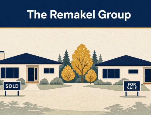 Illustration of two cream ranch homes with dark navy roofs under a Remakel Group banner: the left yard has a SOLD sign, the right a FOR SALE sign, and yellow autumn trees stand between the houses.