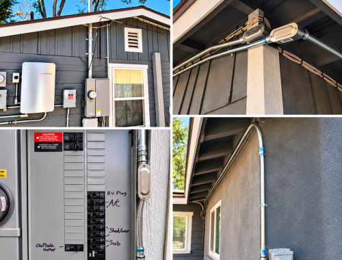Exterior electrical installation collage showing dedicated RV circuit and solar components by Stephens-Son Electric