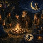 A storyteller with a white beard speaks to children and adults gathered around a campfire under a crescent moon at night.